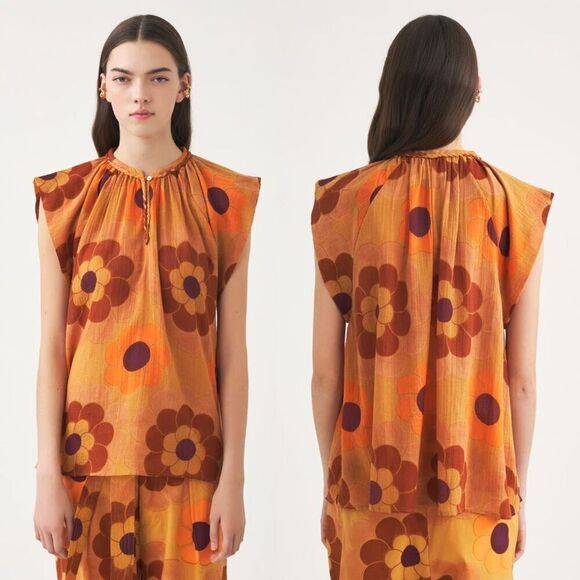 NEW Antik Batik Blouse Retro‎ Floral Print Cap Sleeve Cotton Gauze Top Size XS - Picture 1 of 10